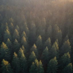 Aerial perspective of a foggy, dark forest with pine trees, illuminated by sunlight beams during an autumn sunrise. The sun rays pierce through as crepuscular rays, enhancing the breathtaking scene of a wild, misty woodland at dawn.