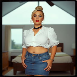 A 40-year-old chubby and curvy blonde woman with bright red lipstick, her hair elegantly styled in a bun