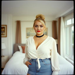 A 40-year-old chubby and curvy blonde woman with bright red lipstick, her hair elegantly styled in a bun