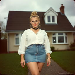 A 40-year-old chubby and curvy blonde woman with bright red lipstick and her hair styled in a neat bun