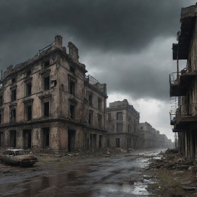 A dramatic post-apocalyptic world with ruined buildings, a gloomy sky, and remnants of civilization barely clinging to survival.