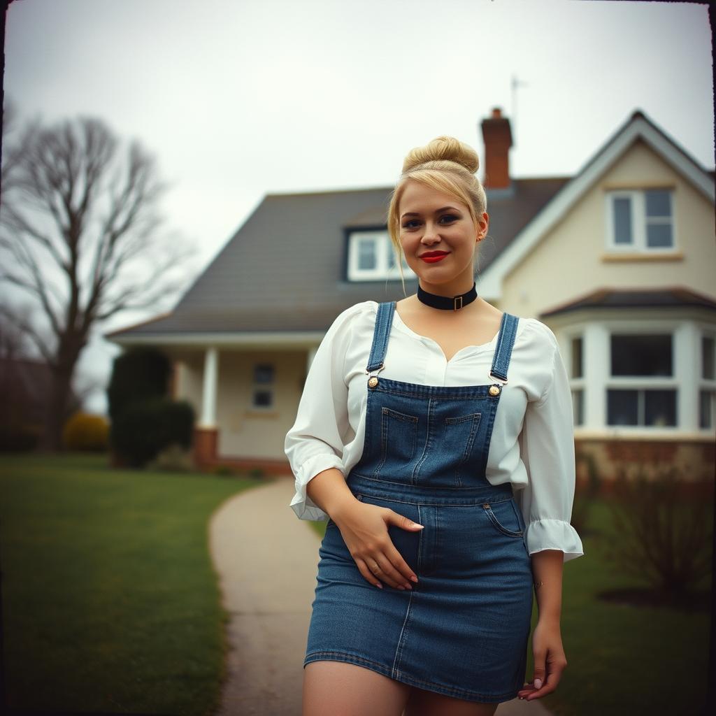 A 40-year-old chubby and curvy blonde woman with bright red lipstick and her hair styled in a neat bun