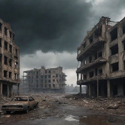 A dramatic post-apocalyptic world with ruined buildings, a gloomy sky, and remnants of civilization barely clinging to survival.