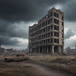 A dramatic post-apocalyptic world with ruined buildings, a gloomy sky, and remnants of civilization barely clinging to survival.