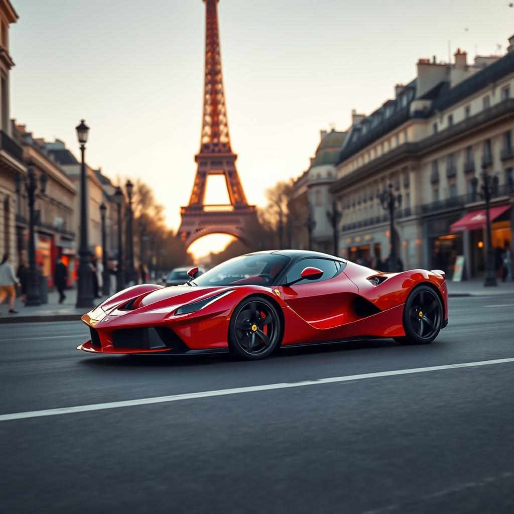 A striking Ferrari LaFerrari cruising through the iconic streets of Paris, with the Eiffel Tower prominently visible in the background