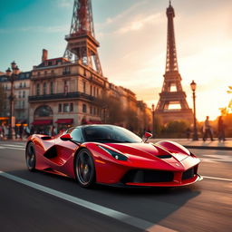 A striking Ferrari LaFerrari cruising through the iconic streets of Paris, with the Eiffel Tower prominently visible in the background