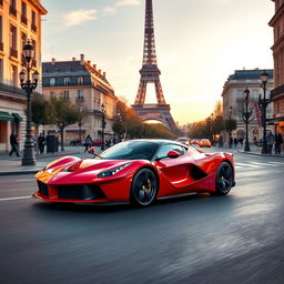 A striking Ferrari LaFerrari cruising through the iconic streets of Paris, with the Eiffel Tower prominently visible in the background