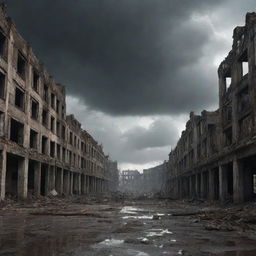 A dramatic post-apocalyptic world with ruined buildings, a gloomy sky, and remnants of civilization barely clinging to survival.