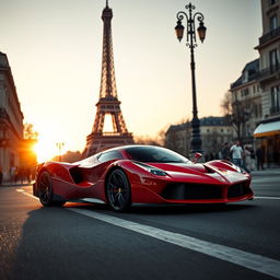 A striking Ferrari LaFerrari cruising through the iconic streets of Paris, with the Eiffel Tower prominently visible in the background