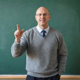 Create an image of a bald teacher, exuding wisdom and patience. He stands at the blackboard, chalk in hand, explaining a complex topic with enthusiasm and clarity.