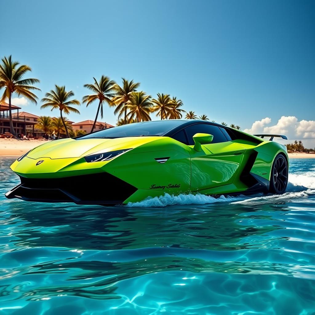 An elegant Lamborghini sports car styled as a luxurious yacht, blending automotive design with nautical elements