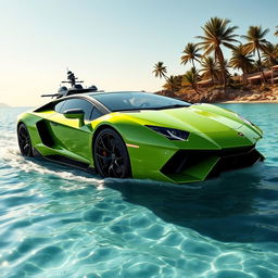 An elegant Lamborghini sports car styled as a luxurious yacht, blending automotive design with nautical elements