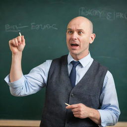 Create an image of a bald teacher, exuding wisdom and patience. He stands at the blackboard, chalk in hand, explaining a complex topic with enthusiasm and clarity.