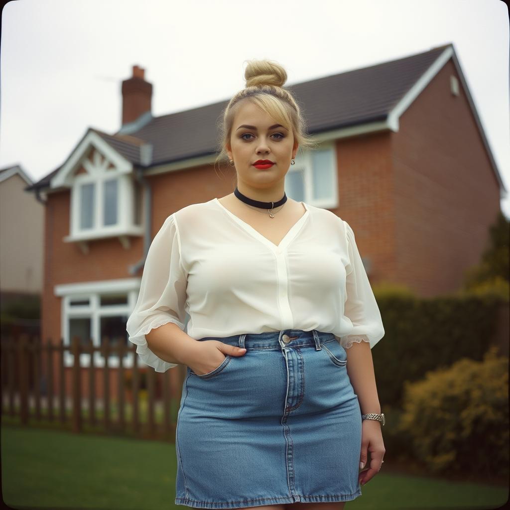 A 40-year-old chubby and curvy blonde woman with bright red lipstick and her hair tied up in a bun, standing in front of a standard house on St