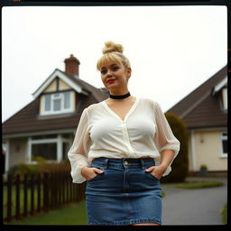 A 40-year-old chubby and curvy blonde woman with bright red lipstick and her hair tied up in a bun, standing in front of a standard house on St