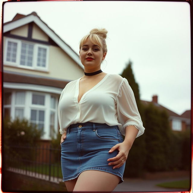 A 40-year-old chubby and curvy blonde woman with bright red lipstick and her hair tied up in a bun, standing in front of a standard house on St