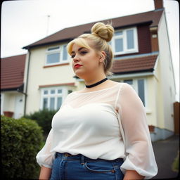 A 40-year-old chubby and curvy blonde woman with bright red lipstick and her hair tied up in a bun, standing in front of a standard house on St