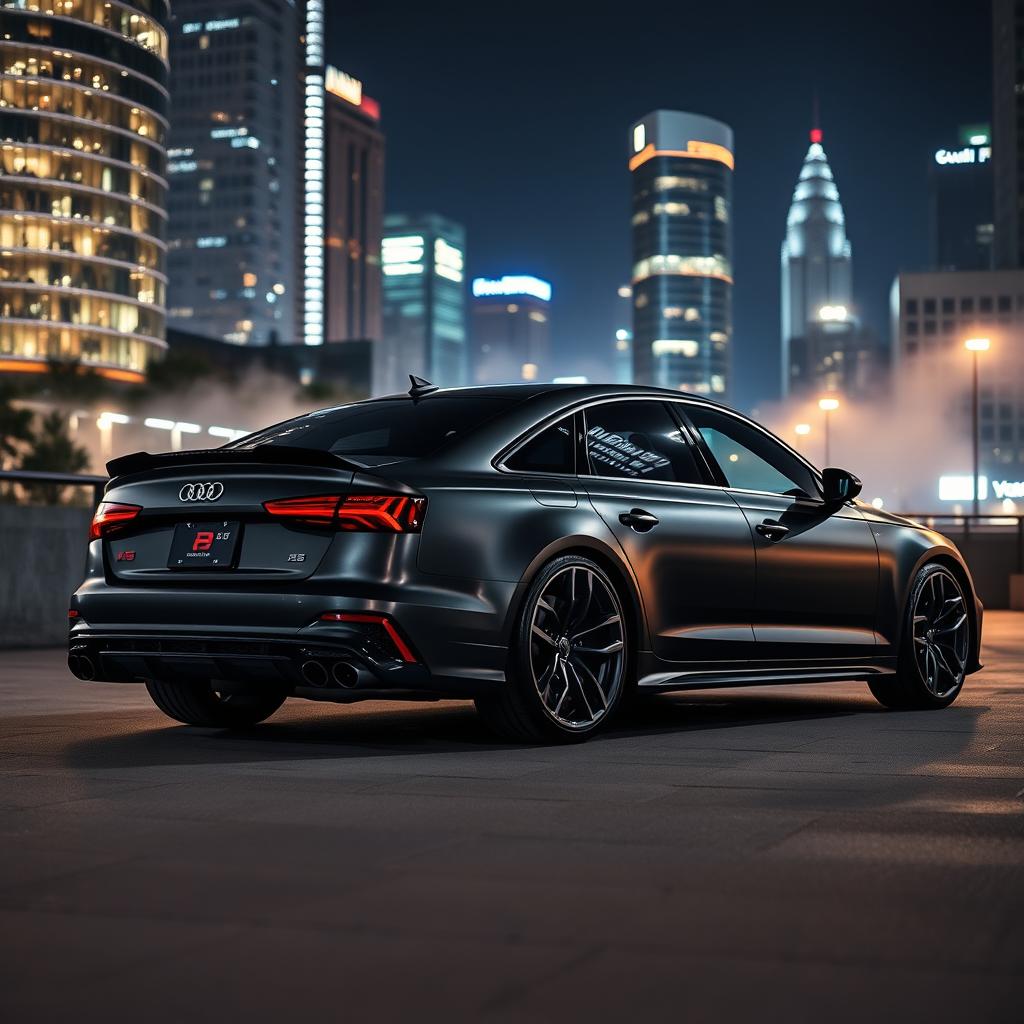 A stunning Audi RS6 Black Edition parked in an urban setting at night, showcasing its sleek and aggressive design