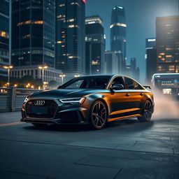 A stunning Audi RS6 Black Edition parked in an urban setting at night, showcasing its sleek and aggressive design