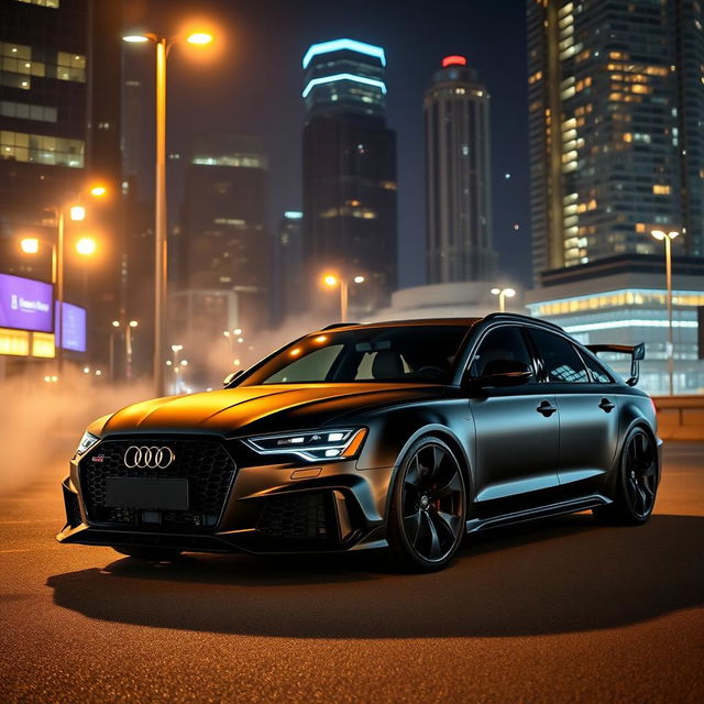 A stunning Audi RS6 Black Edition parked in an urban setting at night, showcasing its sleek and aggressive design