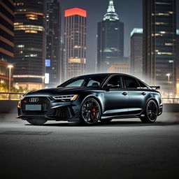 A stunning Audi RS6 Black Edition parked in an urban setting at night, showcasing its sleek and aggressive design