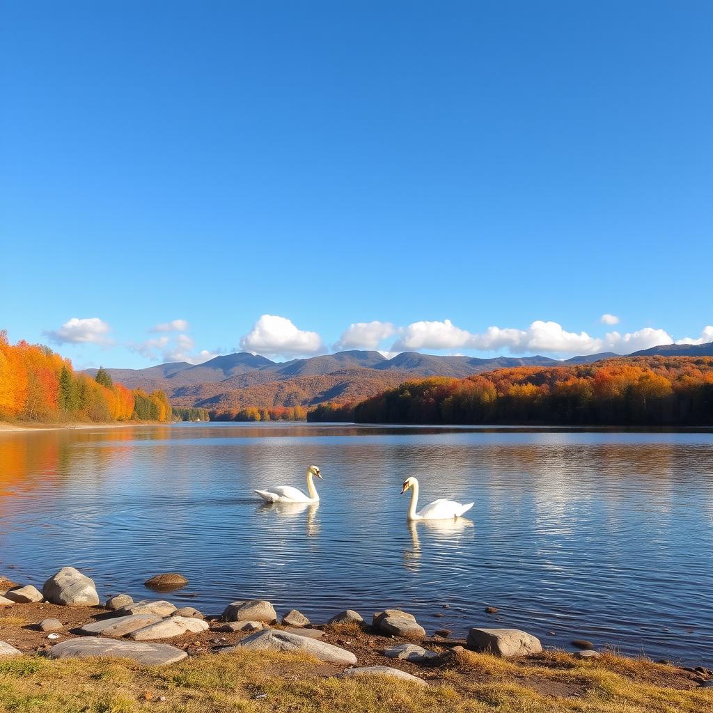 A serene autumn landscape featuring a tranquil lake surrounded by vibrant fall foliage in shades of orange, red, and gold