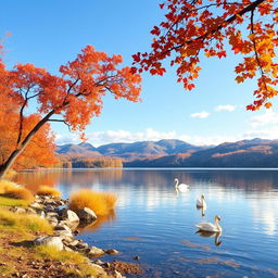 A serene autumn landscape featuring a tranquil lake surrounded by vibrant fall foliage in shades of orange, red, and gold