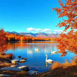 A serene autumn landscape featuring a tranquil lake surrounded by vibrant fall foliage in shades of orange, red, and gold