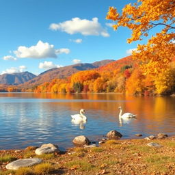 A serene autumn landscape featuring a tranquil lake surrounded by vibrant fall foliage in shades of orange, red, and gold