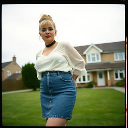 A 40-year-old chubby and curvy blonde woman with bright red lipstick and her hair tied up in a bun, standing in front of a standard house on St