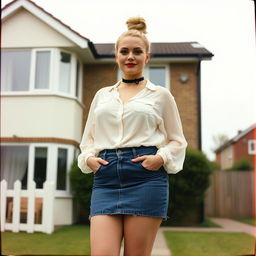 A 40-year-old chubby and curvy blonde woman with bright red lipstick and her hair tied up in a bun, standing in front of a standard house on St