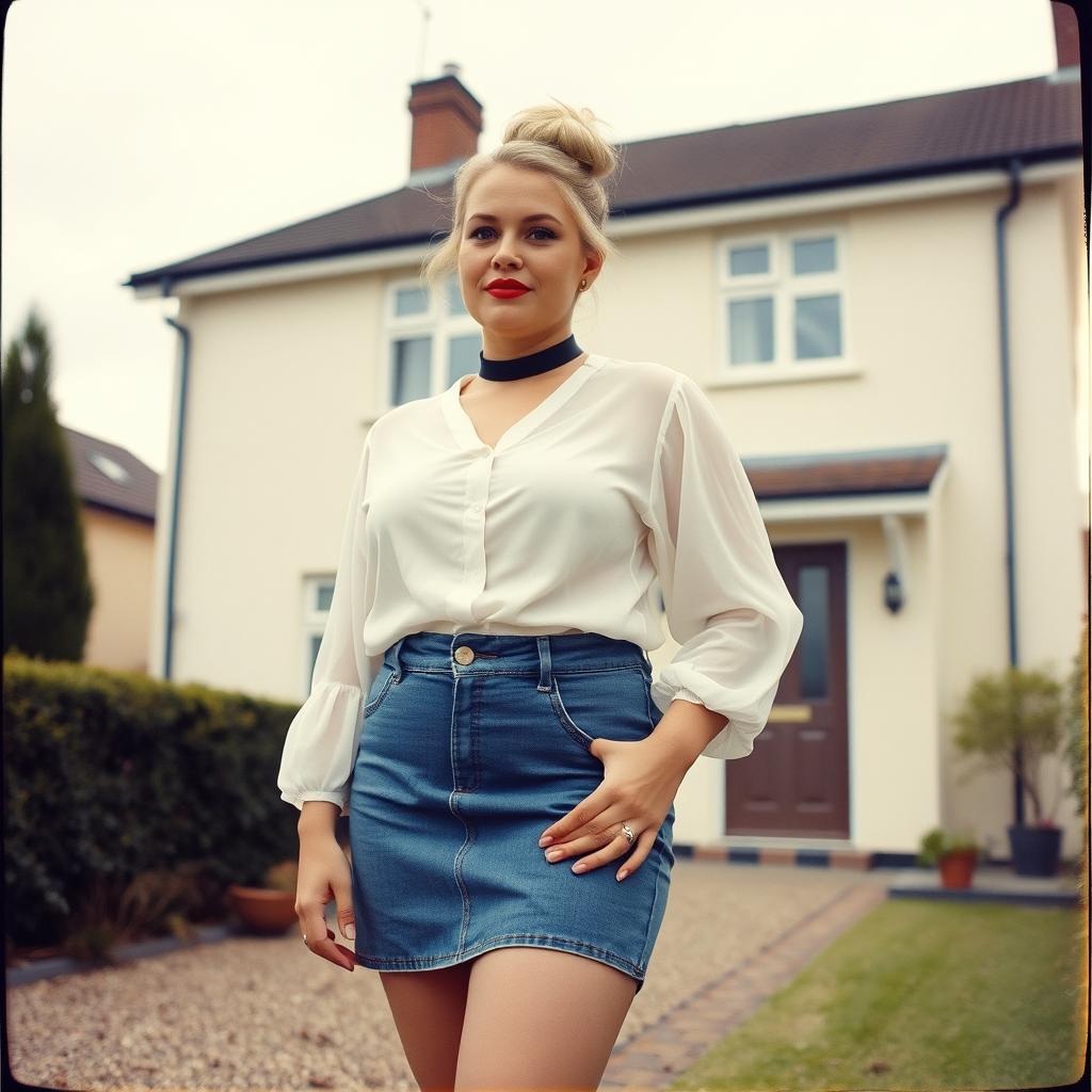 A 40-year-old chubby and curvy blonde woman with bright red lipstick and her hair tied up in a bun, standing in front of a standard house on St