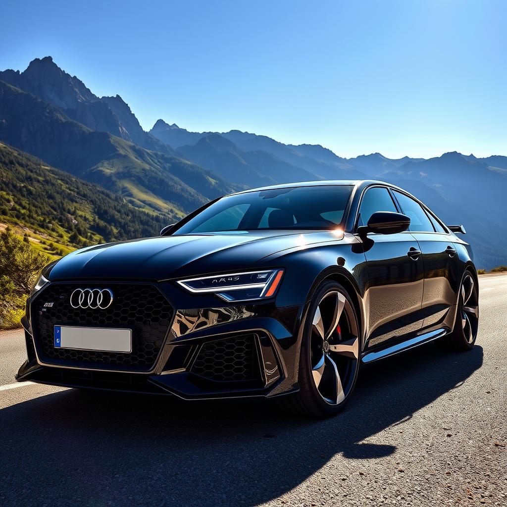 A powerful Audi RS6 parked on a scenic mountain road, showcasing its bold and sporty design