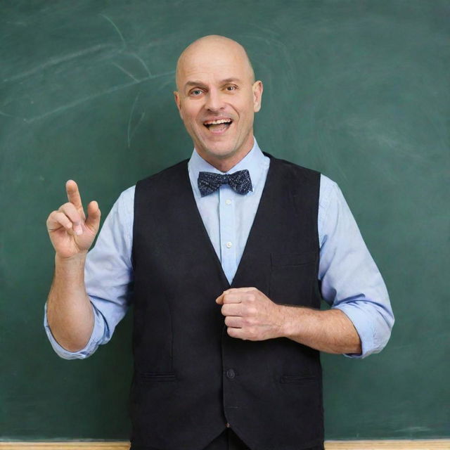 Create an image of a bald teacher, exuding wisdom and patience. He stands at the blackboard, chalk in hand, explaining a complex topic with enthusiasm and clarity.