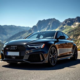 A powerful Audi RS6 parked on a scenic mountain road, showcasing its bold and sporty design