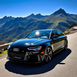 A powerful Audi RS6 parked on a scenic mountain road, showcasing its bold and sporty design