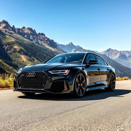 A powerful Audi RS6 parked on a scenic mountain road, showcasing its bold and sporty design