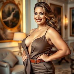 A confident, curvy woman with big breasts, styled in a fashionable and alluring outfit, standing in an elegant indoor setting