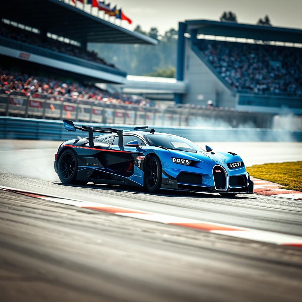 An exhilarating Bugatti Formula 1 car racing on a professional racetrack, showcasing its sleek and aerodynamic design