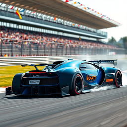 An exhilarating Bugatti Formula 1 car racing on a professional racetrack, showcasing its sleek and aerodynamic design