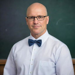 Refine the image of the bald teacher, now wearing stylish glasses that enhance his scholarly visage. He continues to engage his students with profound wisdom and patient instruction.