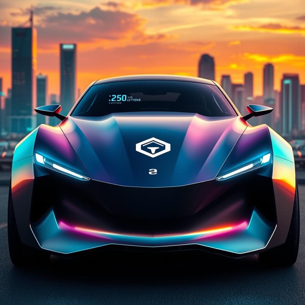 A futuristic car designed by Oazag Motors, featuring sleek curves and sharp lines, showcasing a prominent logo on the front