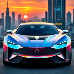 A futuristic car designed by Oazag Motors, featuring sleek curves and sharp lines, showcasing a prominent logo on the front