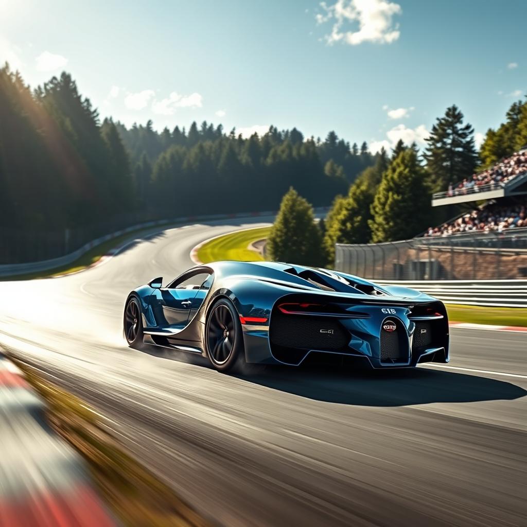 A breathtaking scene of a Bugatti car racing on the famous Nürburgring track, capturing the essence of speed and precision