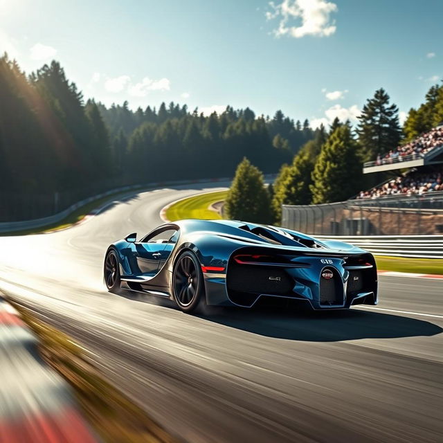 A breathtaking scene of a Bugatti car racing on the famous Nürburgring track, capturing the essence of speed and precision