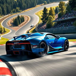 A breathtaking scene of a Bugatti car racing on the famous Nürburgring track, capturing the essence of speed and precision