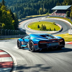 A breathtaking scene of a Bugatti car racing on the famous Nürburgring track, capturing the essence of speed and precision