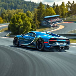 A breathtaking scene of a Bugatti car racing on the famous Nürburgring track, capturing the essence of speed and precision