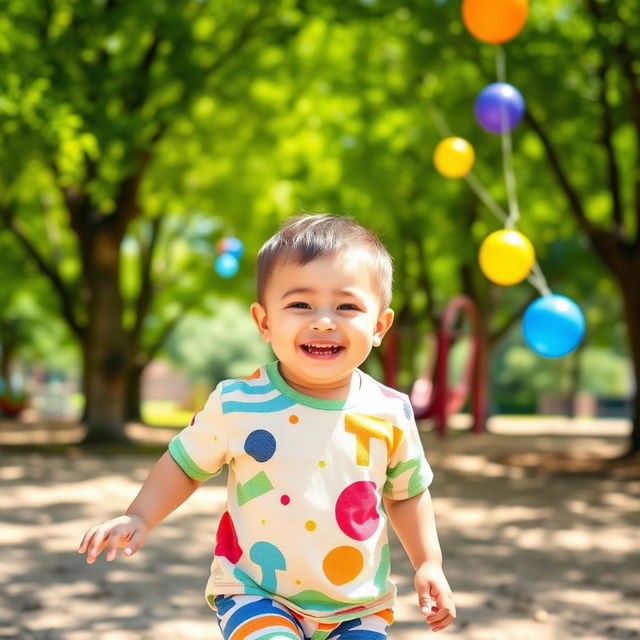 A cheerful young boy with short hair and a chubby physique, wearing a colorful t-shirt and shorts