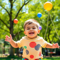 A cheerful young boy with short hair and a chubby physique, wearing a colorful t-shirt and shorts